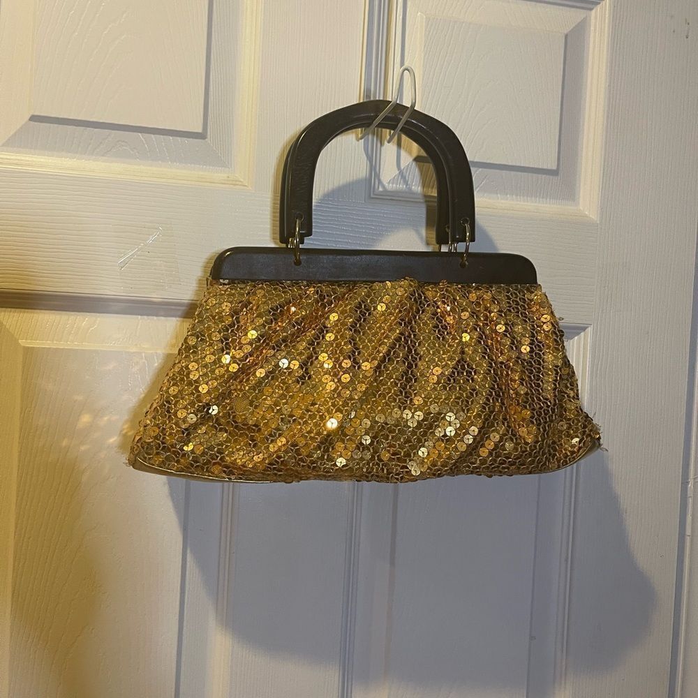 Gold Sequins with wooden black handles and frame handbag.